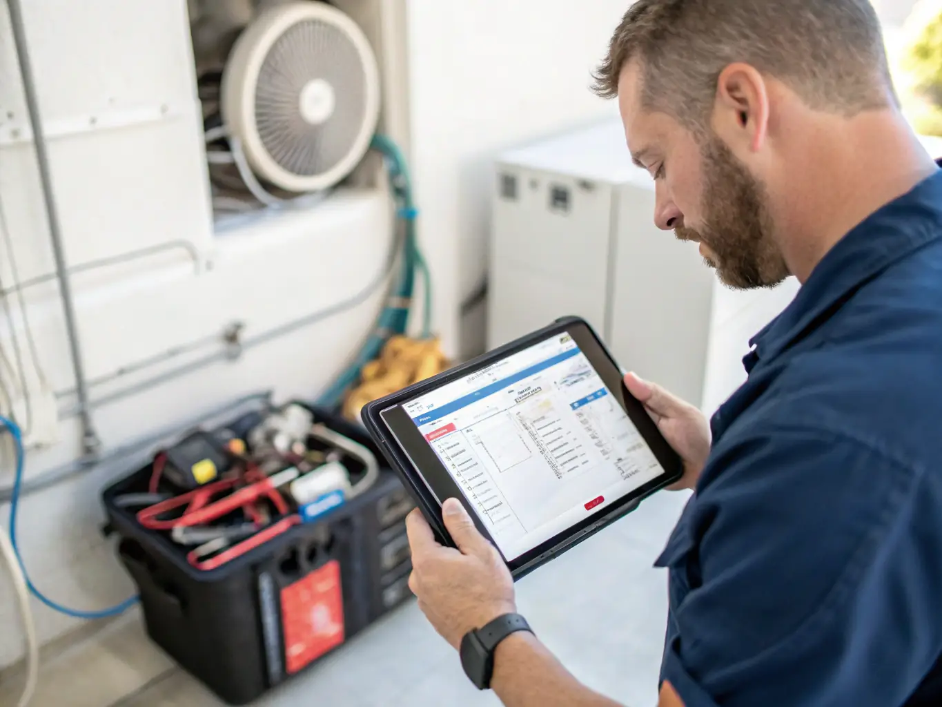 An HVAC technician using a mobile app to schedule appointments and manage service requests, demonstrating the benefits of AI in field service management.