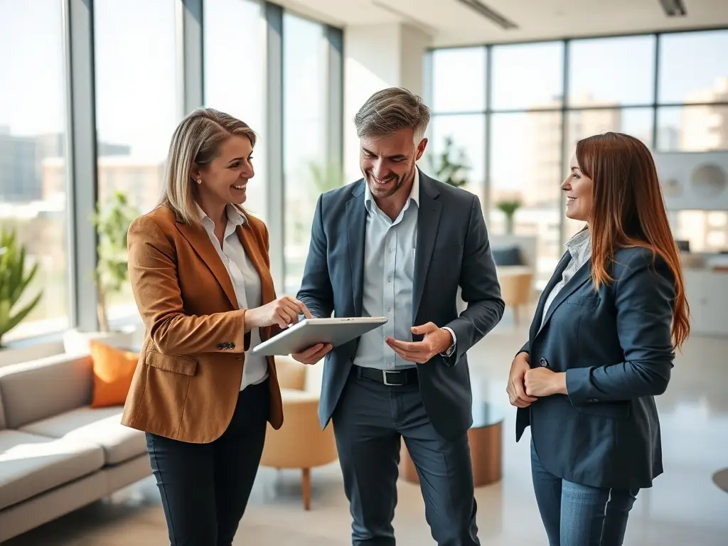 A real estate agent using a tablet to manage property listings and customer inquiries, showcasing the efficiency of AI-powered CRM in the real estate industry.